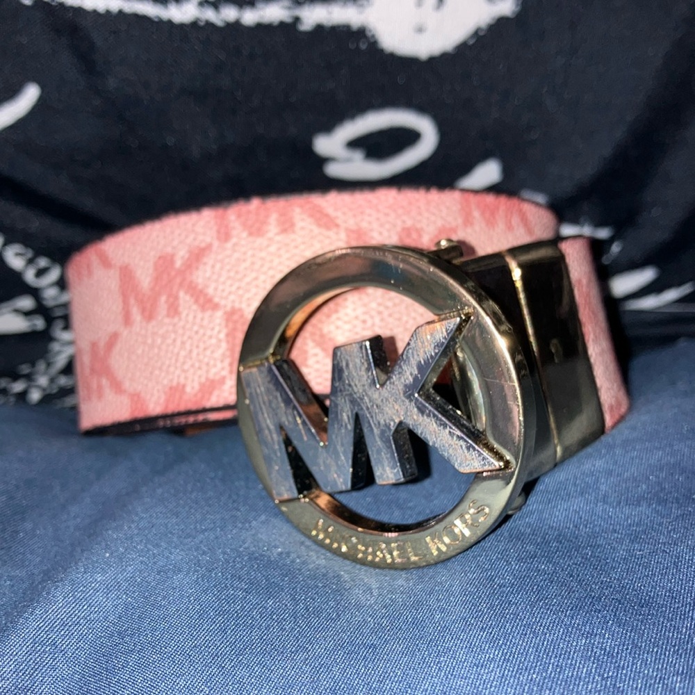 Michael Kors Pink Belt with Silver and Gold MK Buckle